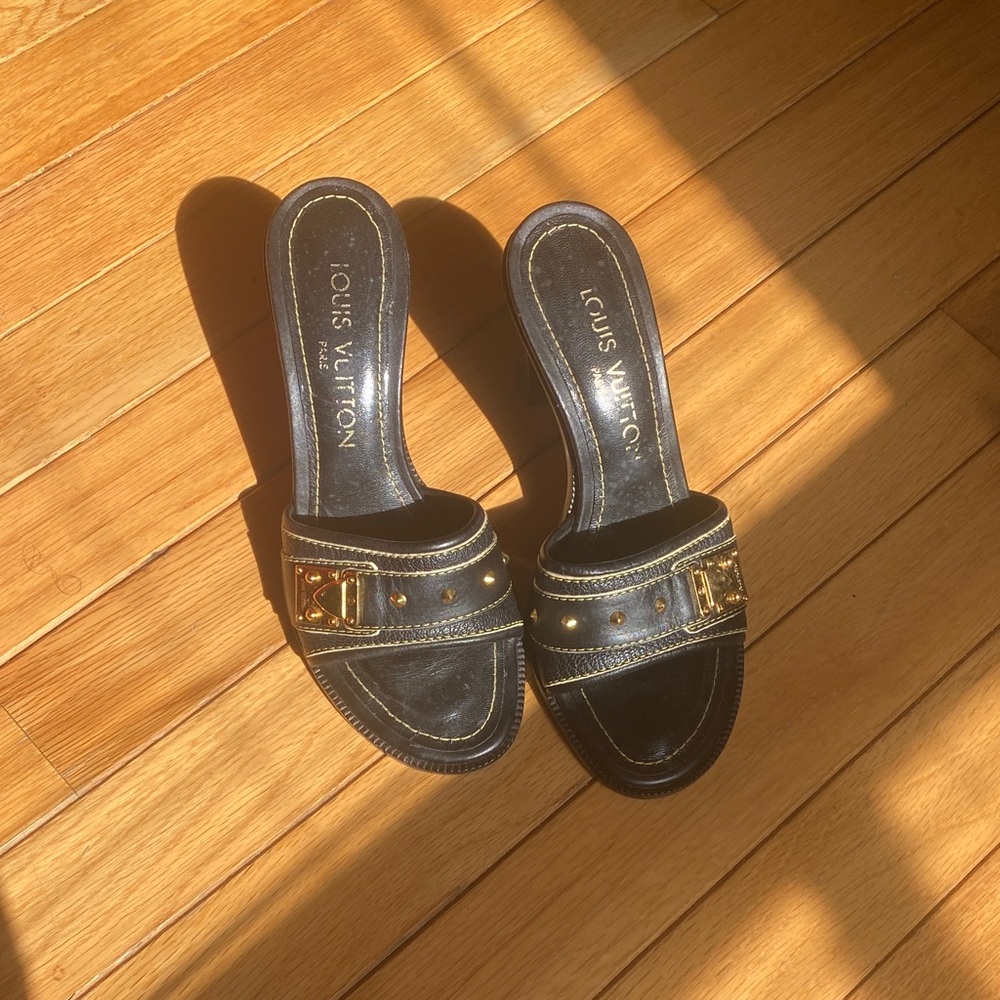 Louis Vuitton Black and Gold Mules